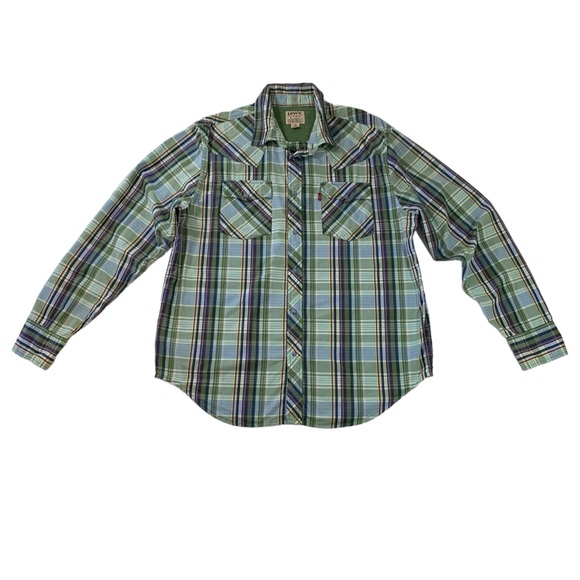 Levi’s Pearl Snap Shirt Mens Size L Long Sleeve Pockets Green Plaid - Picture 1 of 10
